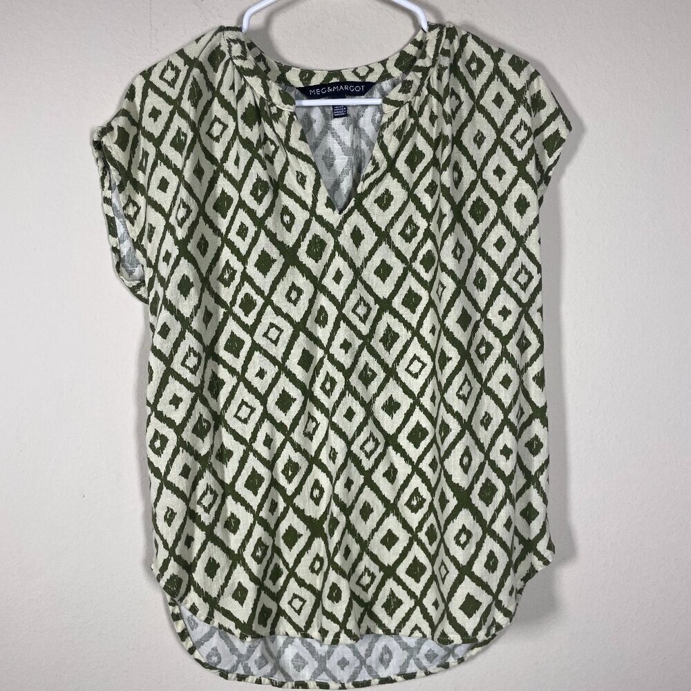 Meg & Margot Cream/green Diamond Print Viscose/Linen Blouse Medium!